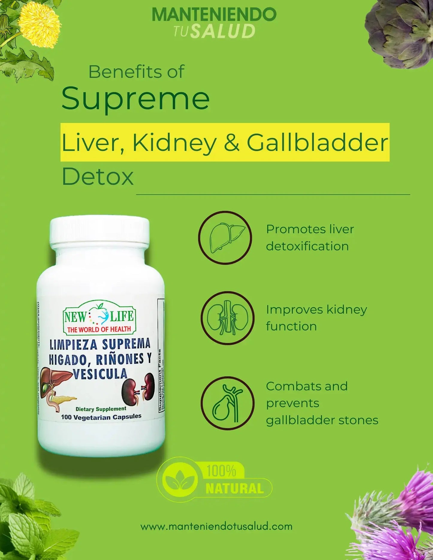 Limpieza Suprema Hígado Riñones y Vesícula, 100 Veg Capsules Manteniendo Tu Salud